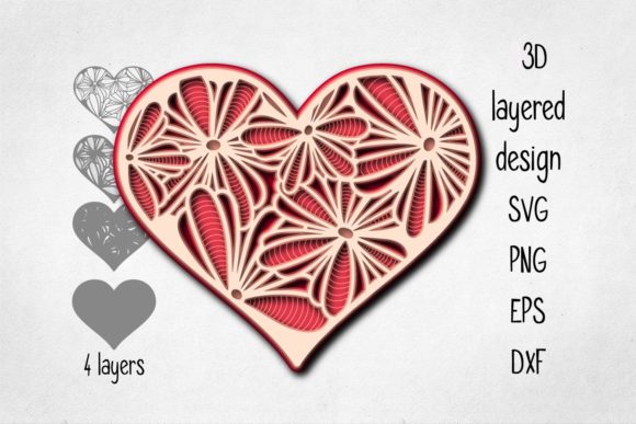 3D Layered Floral Heart Graphics for Decorative Elements