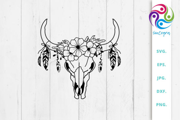 Floral Cow Skull with Feathers Svg File for Graphics and Crafts