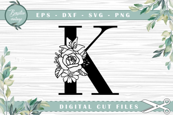 Floral Letter K Alphabet Cutting Files for Graphics and Crafts