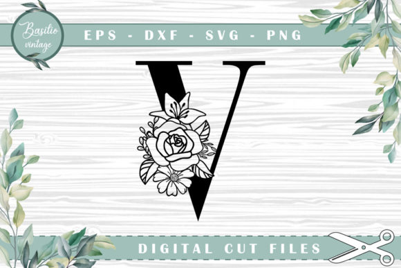 Floral Letter V Alphabet Cutting Files for Graphics and Crafts