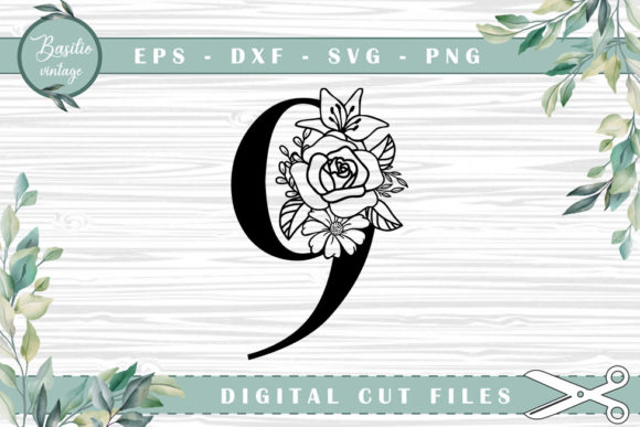 Floral Number 9 Cutting Files for Graphics and Crafts